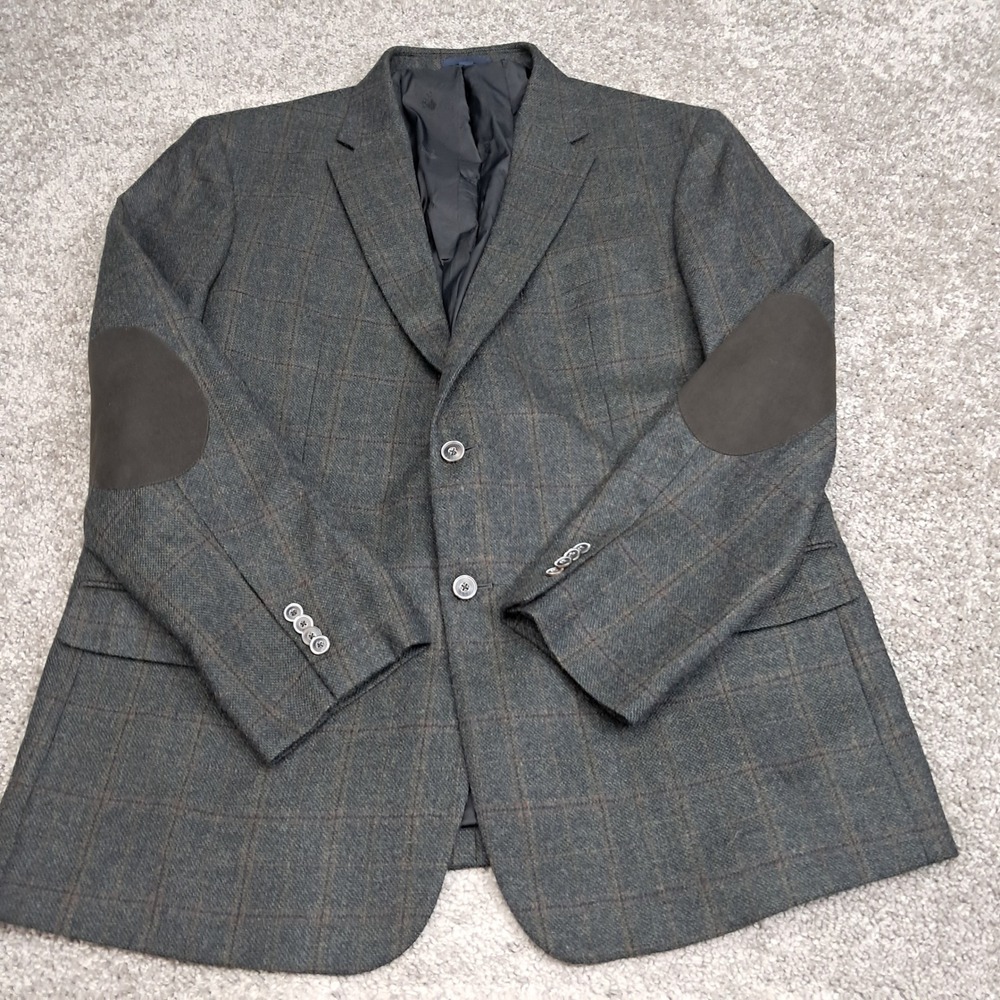 Jos A Bank 1905 Collection Mens Green Plaid Blazer Elbow Patches brrr Comfort